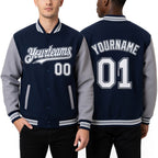 Custom Navy White-Gray Bomber Full-Snap Varsity Letterman Two Tone Hoodie Jacket worn front and back
