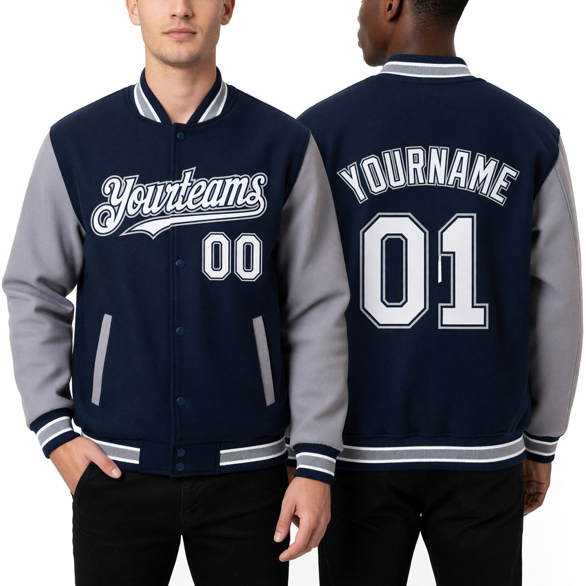 Custom Navy White-Gray Bomber Full-Snap Varsity Letterman Two Tone Hoodie Jacket worn front and back
