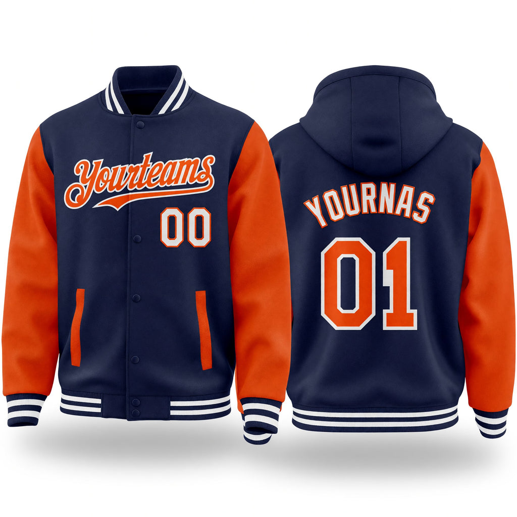 Custom Navy Orange-White Bomber Full-Snap Varsity Letterman Two Tone Hoodie Jacket