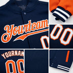 Custom Navy Orange-White Bomber Full-Snap Varsity Letterman Two Tone Hoodie Jacket detail