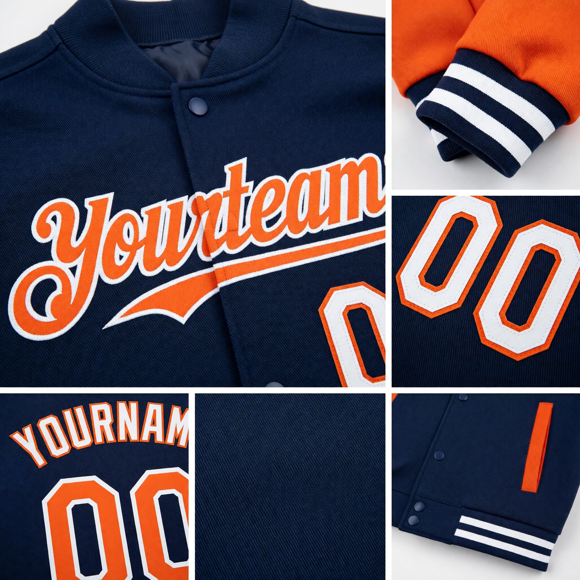 Custom Navy Orange-White Bomber Full-Snap Varsity Letterman Two Tone Hoodie Jacket detail