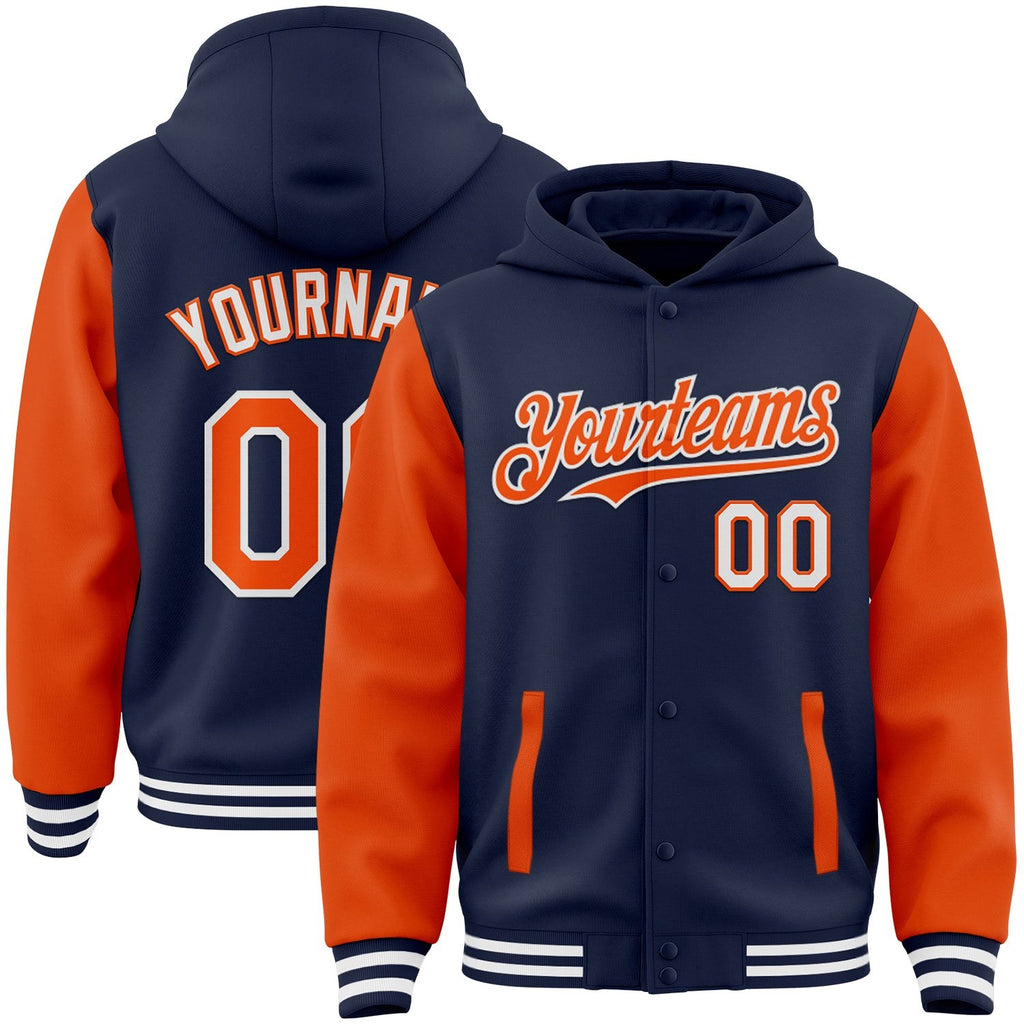 Custom Navy Orange-White Bomber Full-Snap Varsity Letterman Two Tone Hoodie Jacket photo 1
