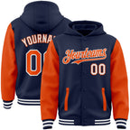 Custom Navy Orange-White Bomber Full-Snap Varsity Letterman Two Tone Hoodie Jacket photo 1