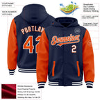 Custom Navy Orange-White Bomber Full-Snap Varsity Letterman Two Tone Hoodie Jacket photo 3