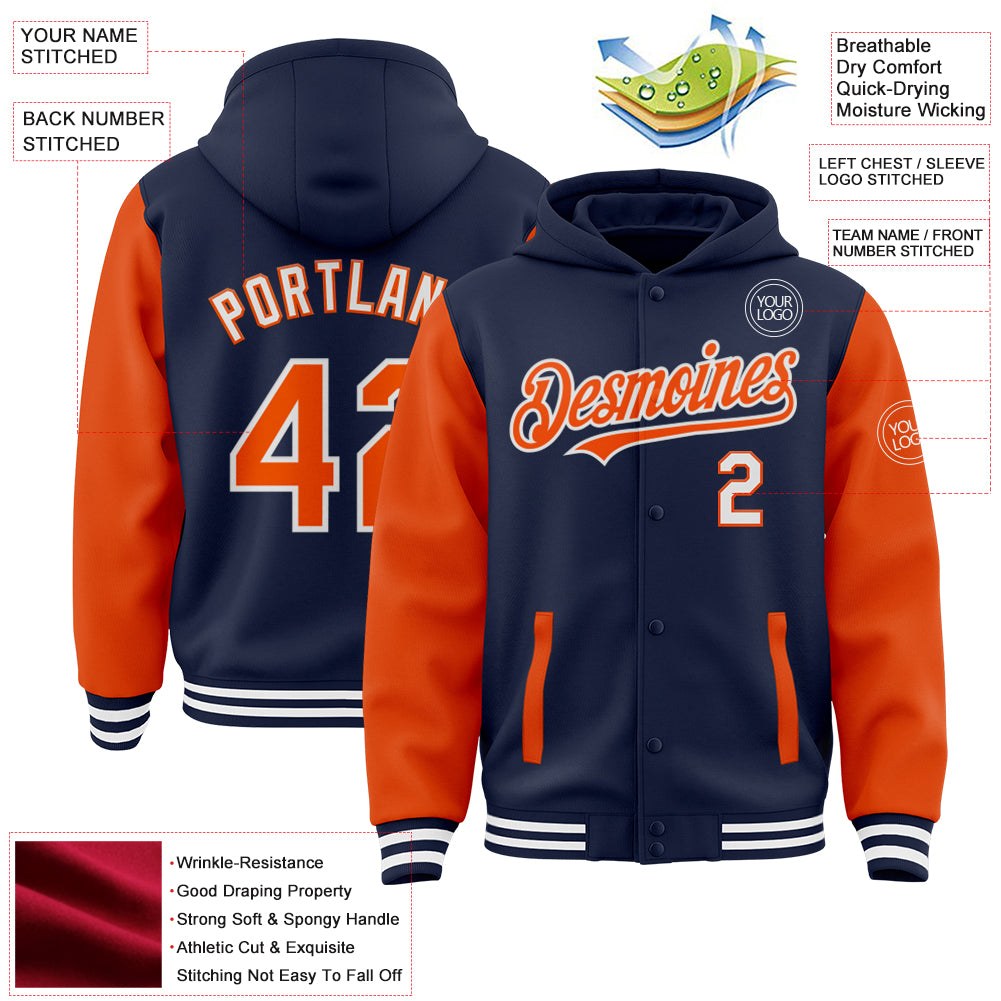 Custom Navy Orange-White Bomber Full-Snap Varsity Letterman Two Tone Hoodie Jacket photo 3