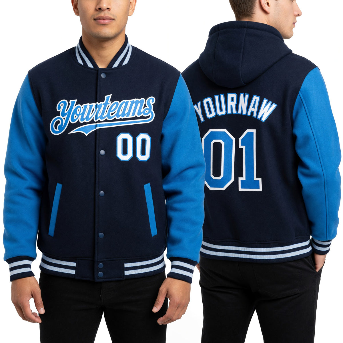 Custom Navy Powder Blue-White Bomber Full-Snap Varsity Letterman Two Tone Hoodie Jacket worn front and back