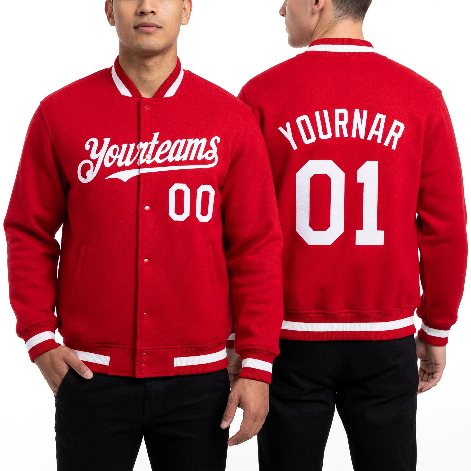 Custom Red White Bomber Full-Snap Varsity Letterman Hoodie Jacket worn front and back