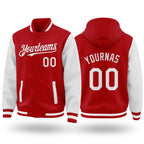 Custom Red White Bomber Full-Snap Varsity Letterman Two Tone Hoodie Jacket