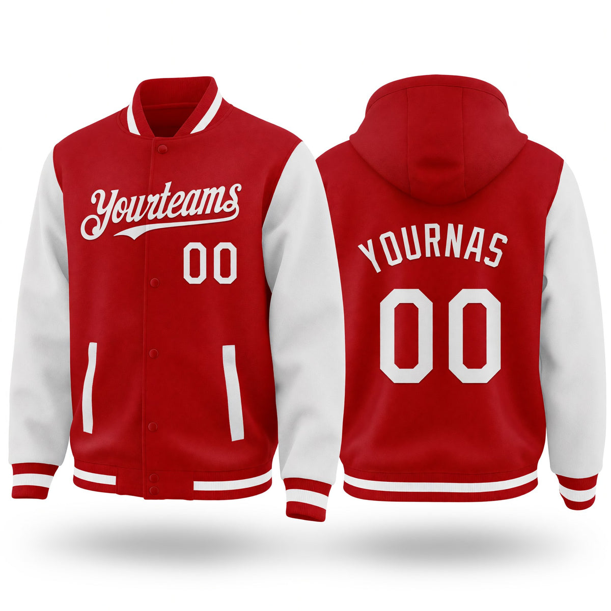 Custom Red White Bomber Full-Snap Varsity Letterman Two Tone Hoodie Jacket