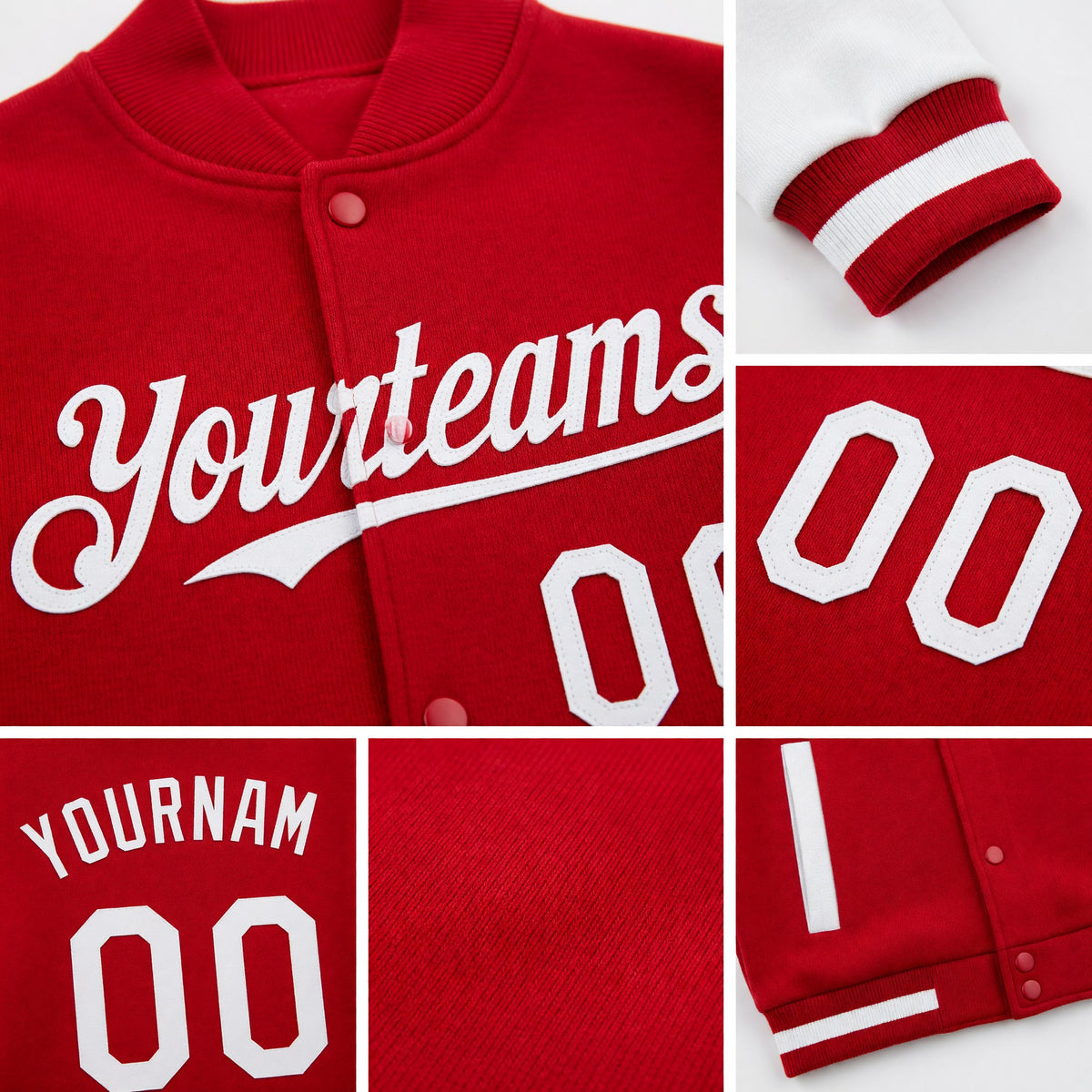 Custom Red White Bomber Full-Snap Varsity Letterman Two Tone Hoodie Jacket detail