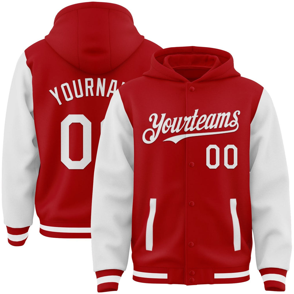Custom Red White Bomber Full-Snap Varsity Letterman Two Tone Hoodie Jacket photo 1