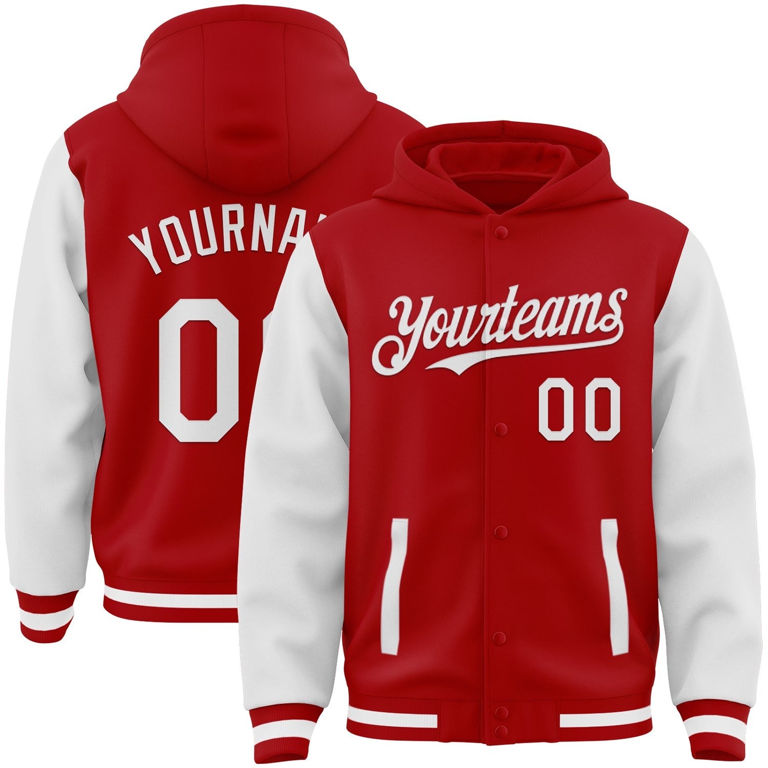Custom Red White Bomber Full-Snap Varsity Letterman Two Tone Hoodie Jacket photo 1