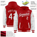 Custom Red White Bomber Full-Snap Varsity Letterman Two Tone Hoodie Jacket photo 3