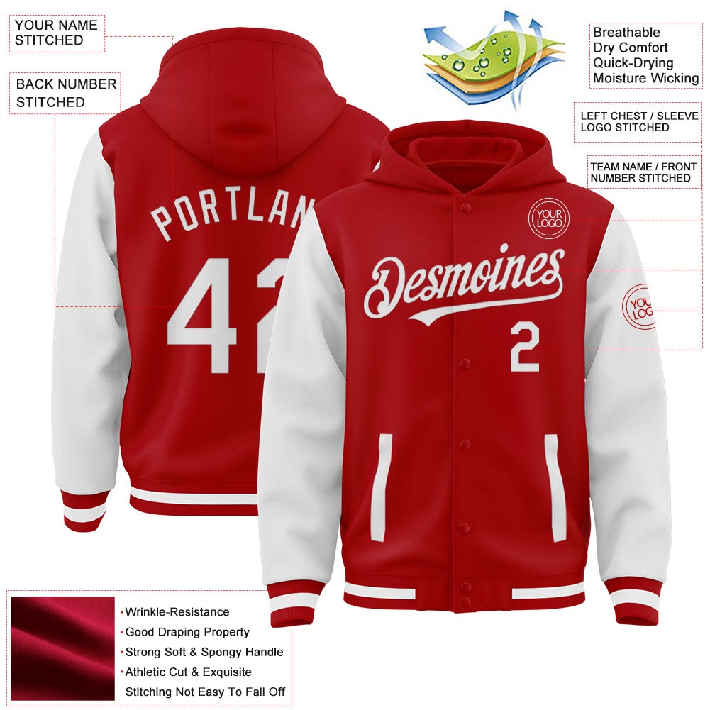 Custom Red White Bomber Full-Snap Varsity Letterman Two Tone Hoodie Jacket photo 3