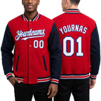 Custom Red White-Royal Bomber Full-Snap Varsity Letterman Two Tone Hoodie Jacket worn front and back