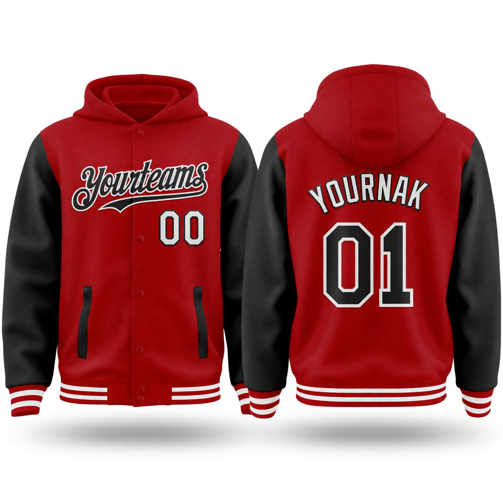 Custom Red Black-White Bomber Full-Snap Varsity Letterman Two Tone Hoodie Jacket