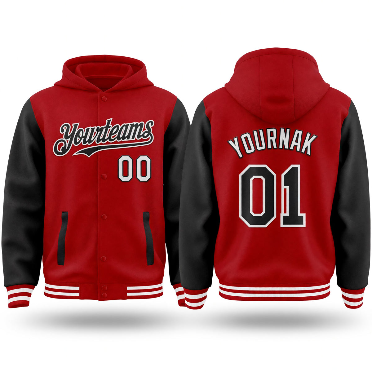 Custom Red Black-White Bomber Full-Snap Varsity Letterman Two Tone Hoodie Jacket