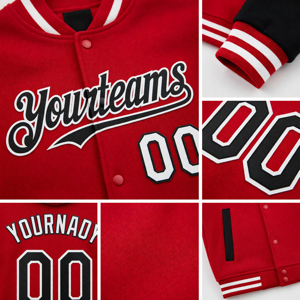 Custom Red Black-White Bomber Full-Snap Varsity Letterman Two Tone Hoodie Jacket detail