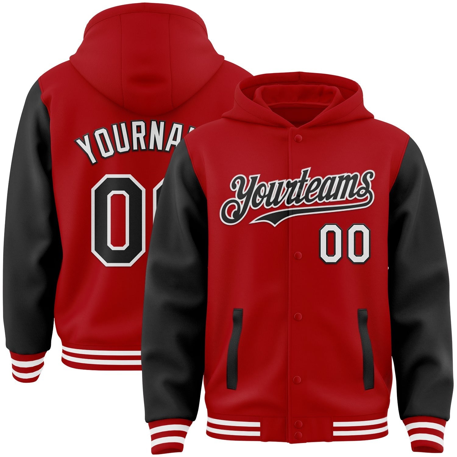 Custom Red Black-White Bomber Full-Snap Varsity Letterman Two Tone Hoodie Jacket photo 1