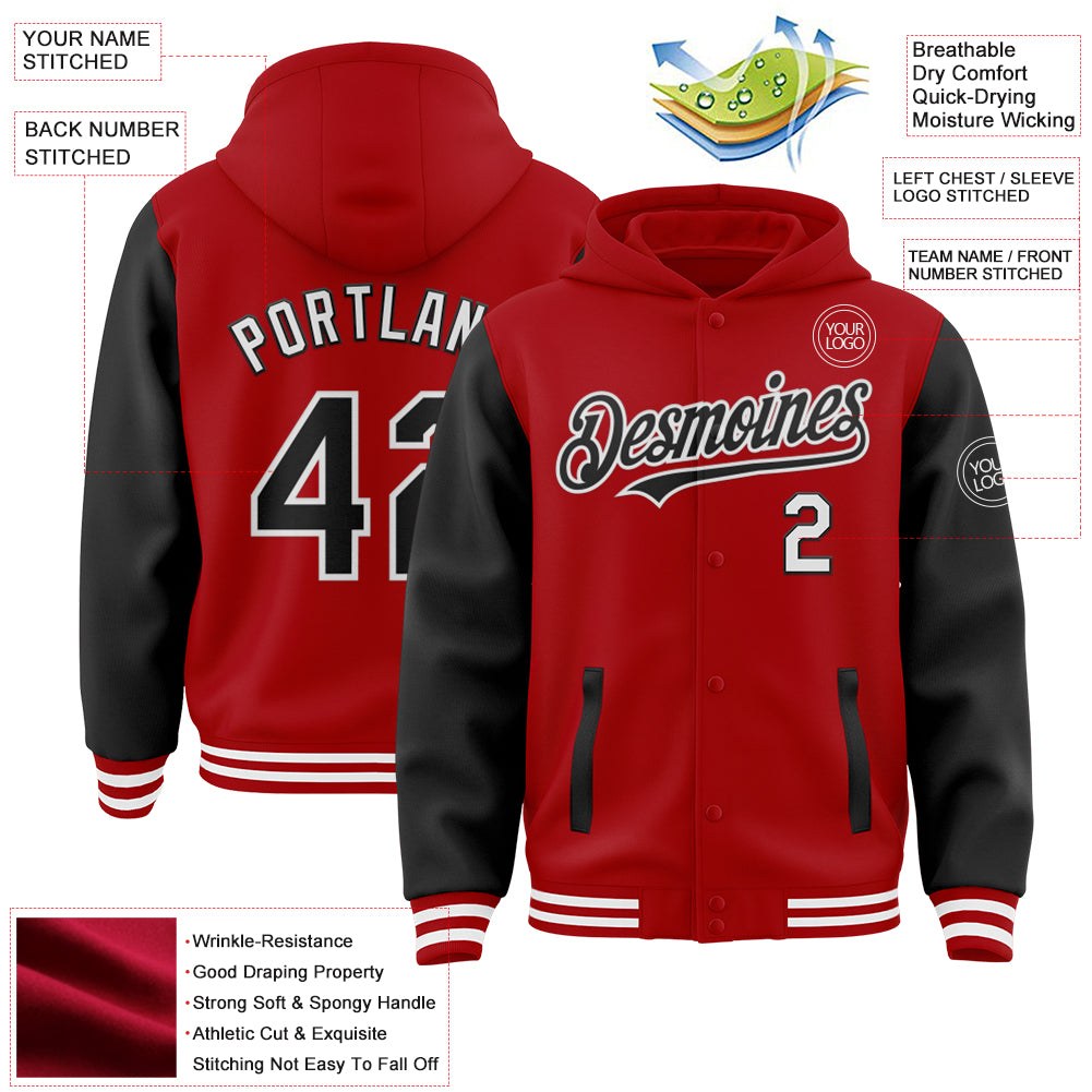 Custom Red Black-White Bomber Full-Snap Varsity Letterman Two Tone Hoodie Jacket photo 3
