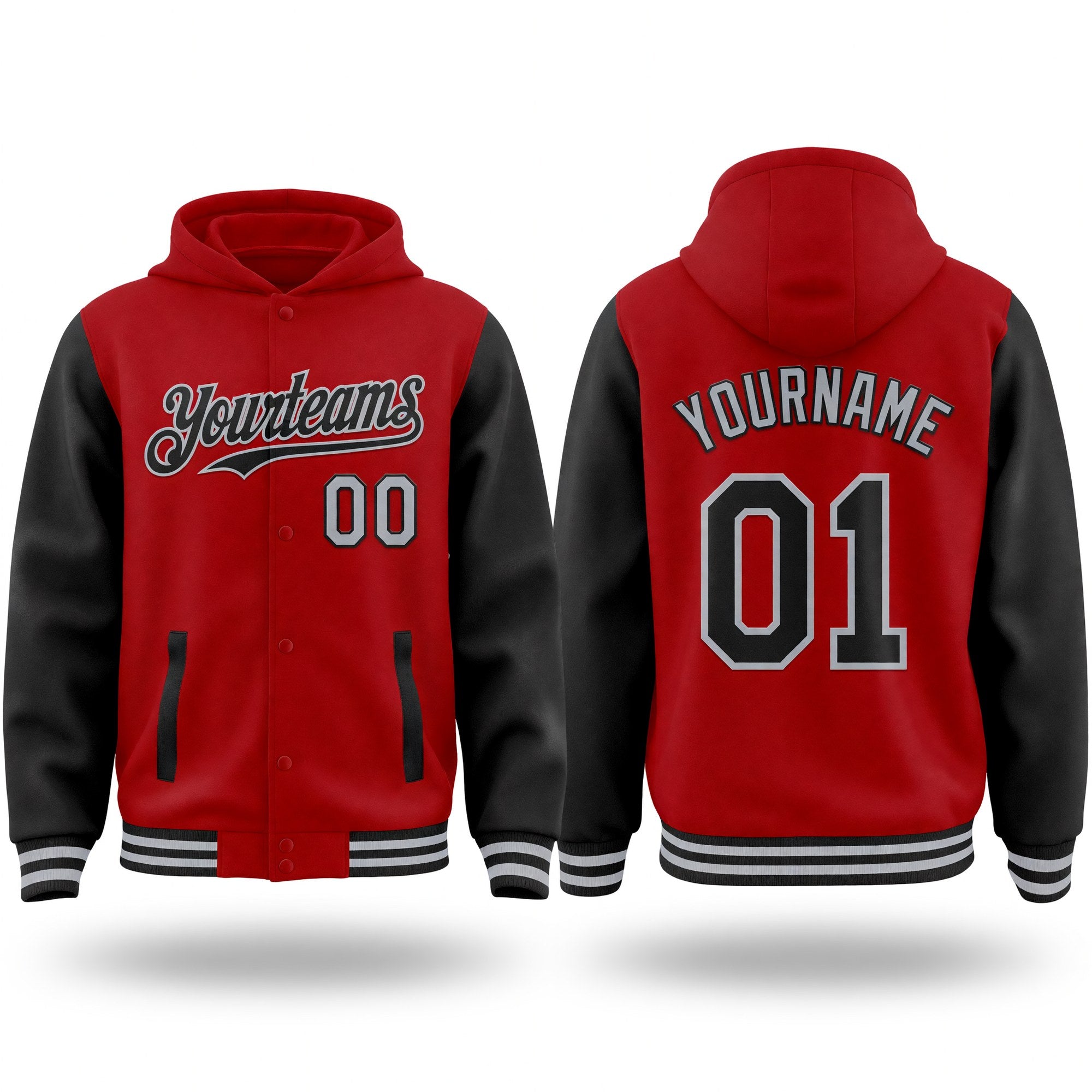 Custom Red Black-Gray Bomber Full-Snap Varsity Letterman Two Tone Hoodie Jacket