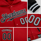 Custom Red Black-Gray Bomber Full-Snap Varsity Letterman Two Tone Hoodie Jacket detail