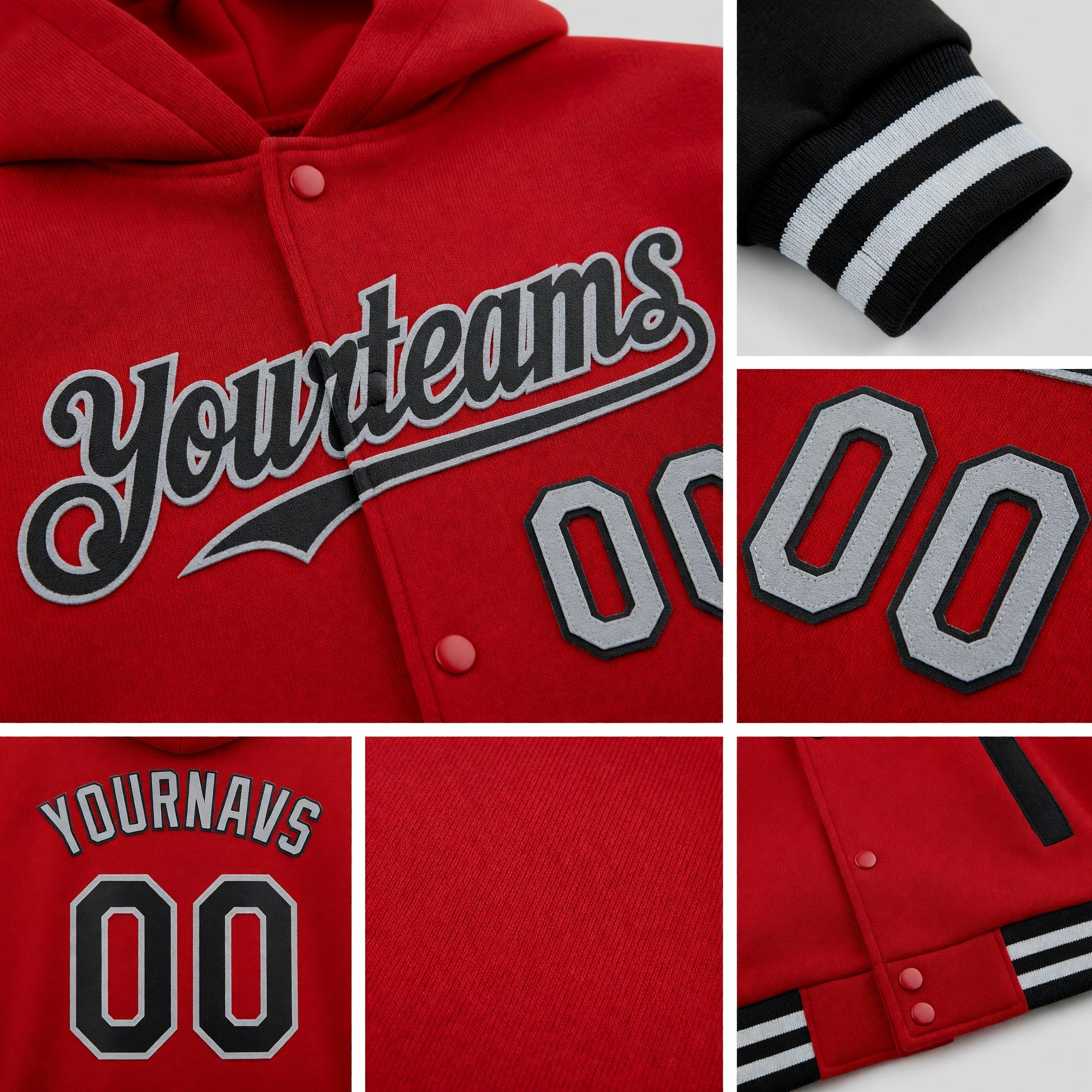 Custom Red Black-Gray Bomber Full-Snap Varsity Letterman Two Tone Hoodie Jacket detail