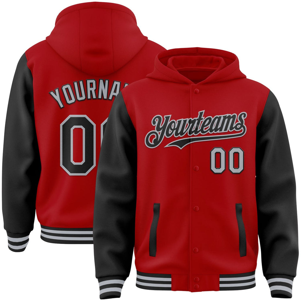 Custom Red Black-Gray Bomber Full-Snap Varsity Letterman Two Tone Hoodie Jacket photo 1