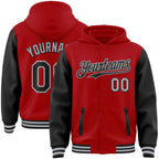 Custom Red Black-Gray Bomber Full-Snap Varsity Letterman Two Tone Hoodie Jacket photo 1