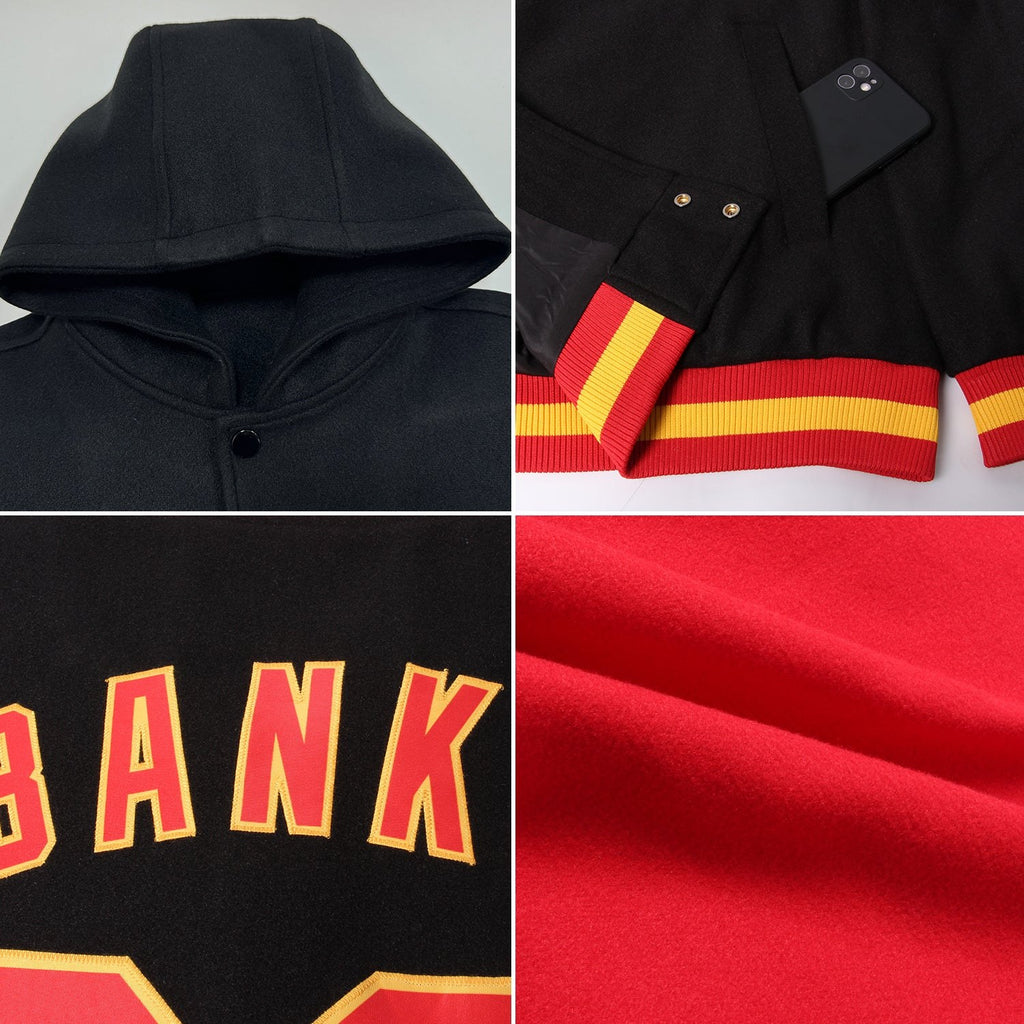 Custom Red Black-Gray Bomber Full-Snap Varsity Letterman Two Tone Hoodie Jacket photo 2