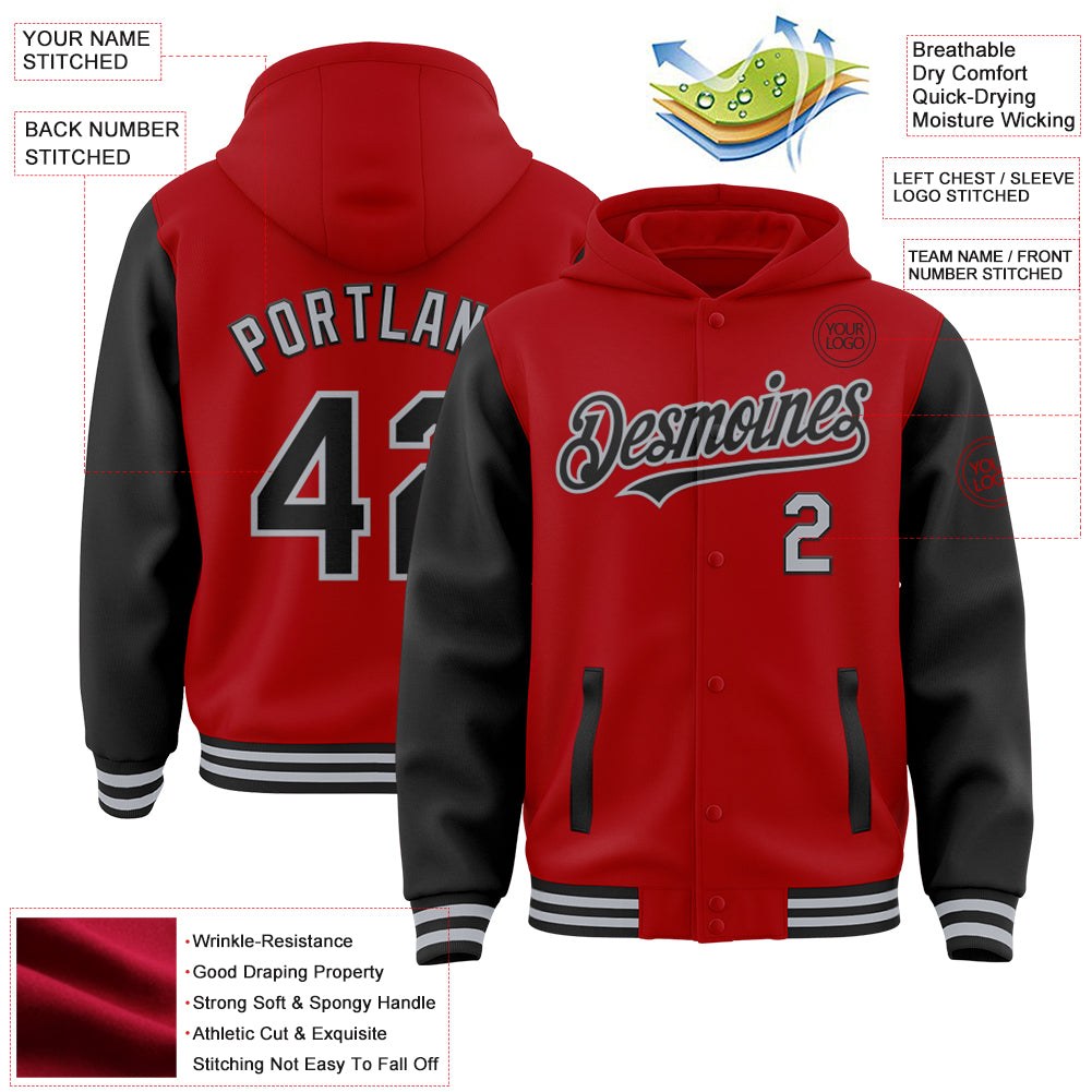 Custom Red Black-Gray Bomber Full-Snap Varsity Letterman Two Tone Hoodie Jacket photo 3