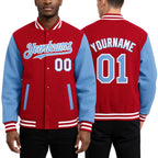 Custom Red Light Blue-White Bomber Full-Snap Varsity Letterman Two Tone Hoodie Jacket worn front and back