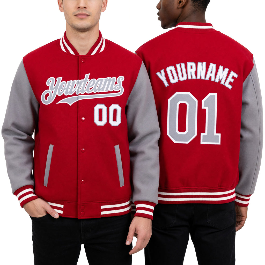 Custom Red Gray-White Bomber Full-Snap Varsity Letterman Two Tone Hoodie Jacket worn front and back