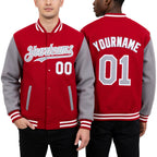 Custom Red Gray-White Bomber Full-Snap Varsity Letterman Two Tone Hoodie Jacket worn front and back