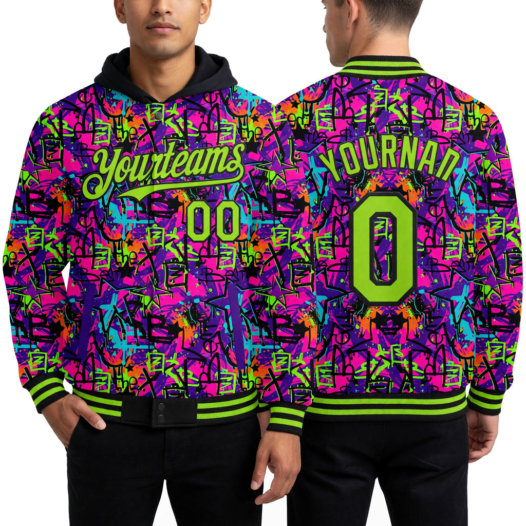 Custom Graffiti Pattern Neon Green-Black Splash 3D Bomber Full-Snap Varsity Letterman Hoodie Jacket worn front and back