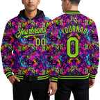 Custom Graffiti Pattern Neon Green-Black Splash 3D Bomber Full-Snap Varsity Letterman Hoodie Jacket worn front and back