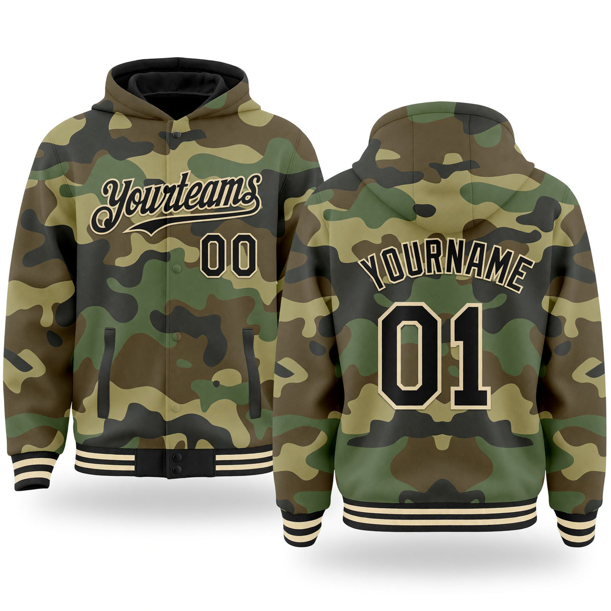 Custom Camo Black-Cream 3D Bomber Full-Snap Varsity Letterman Salute To Service Hoodie Jacket