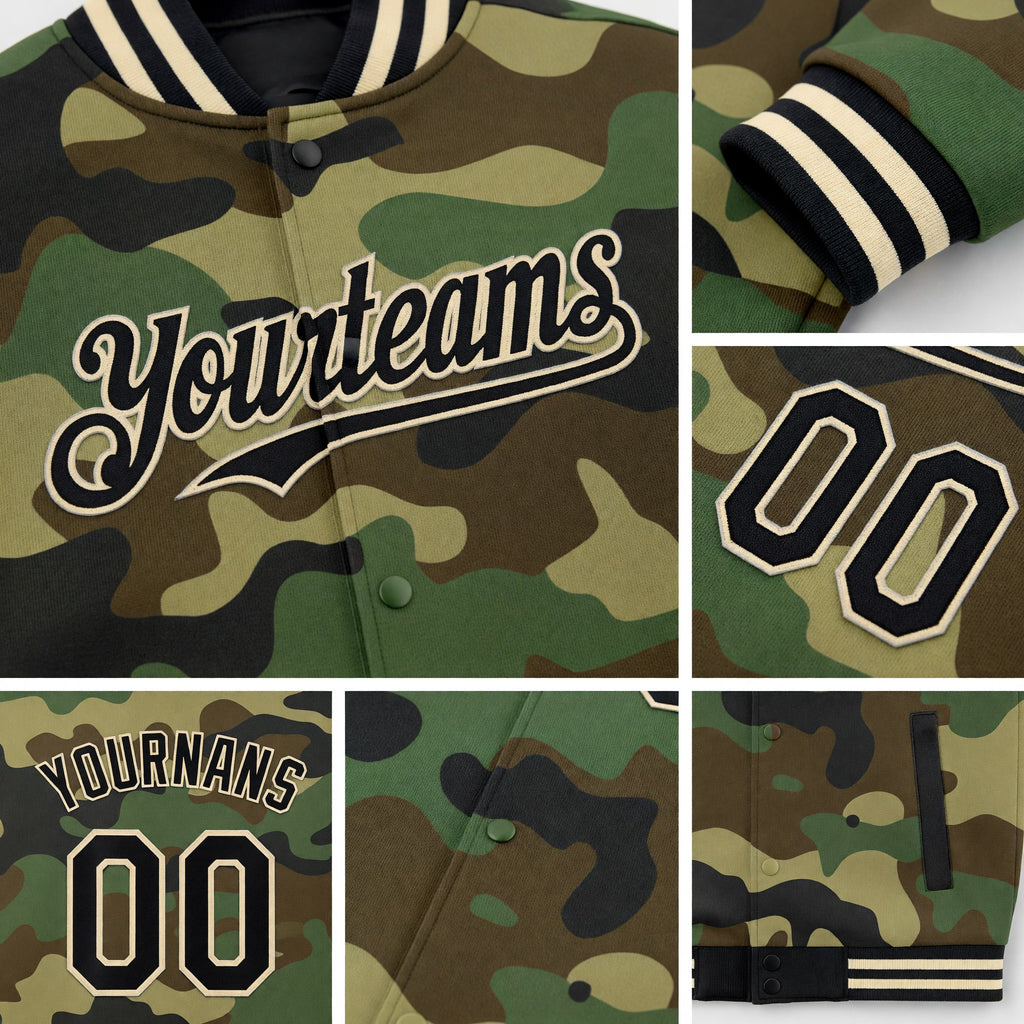 Custom Camo Black-Cream 3D Bomber Full-Snap Varsity Letterman Salute To Service Hoodie Jacket detail