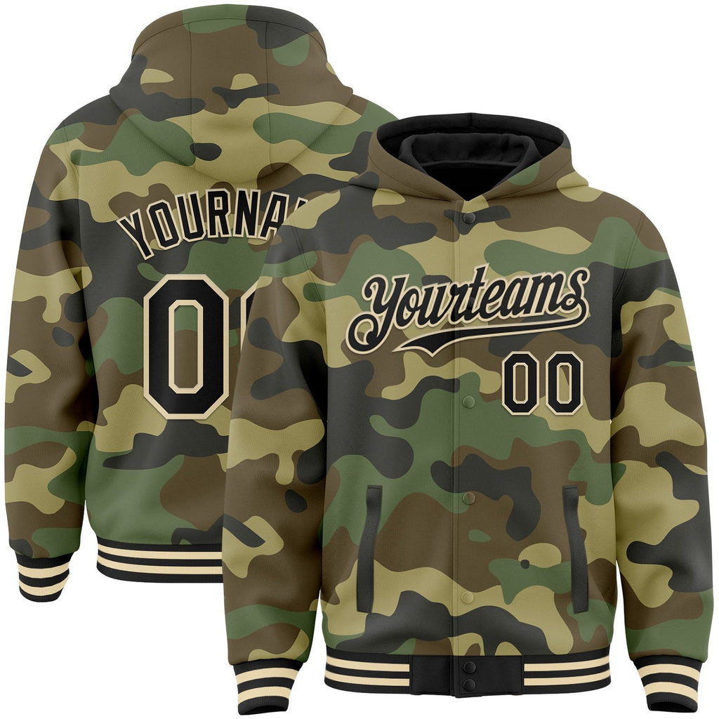 Custom Camo Black-Cream 3D Bomber Full-Snap Varsity Letterman Salute To Service Hoodie Jacket photo 1