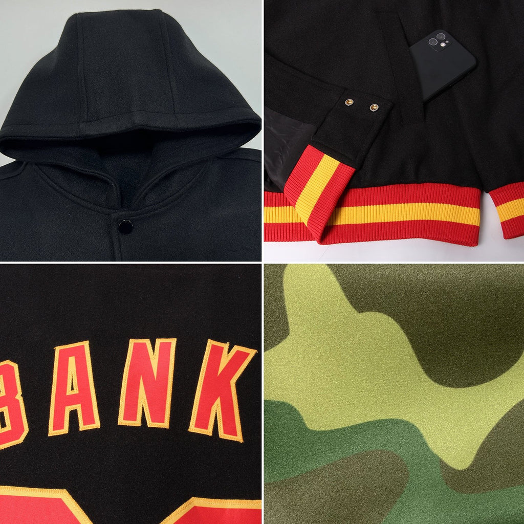Custom Camo Black-Cream 3D Bomber Full-Snap Varsity Letterman Salute To Service Hoodie Jacket photo 2