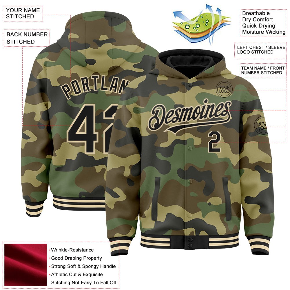 Custom Camo Black-Cream 3D Bomber Full-Snap Varsity Letterman Salute To Service Hoodie Jacket photo 3