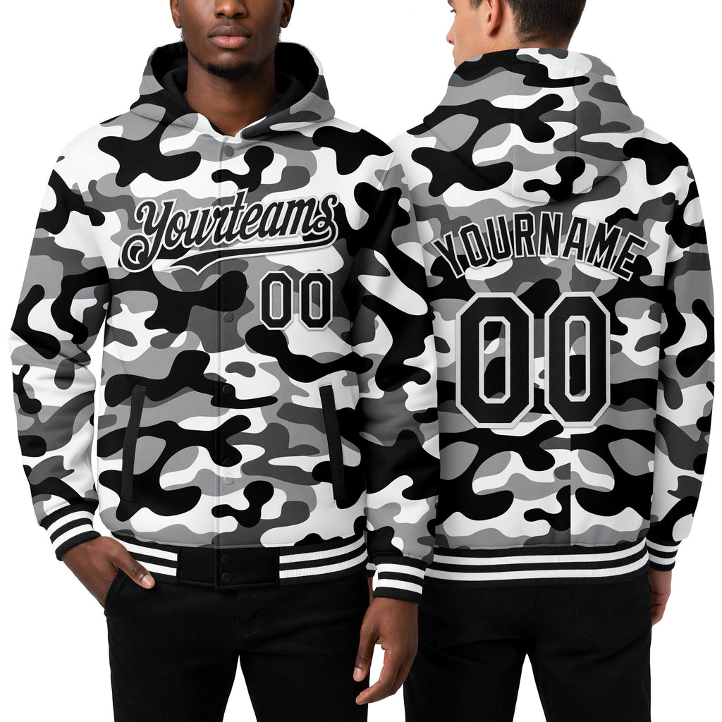 Custom Camo Black-White 3D Bomber Full-Snap Varsity Letterman Salute To Service Hoodie Jacket worn front and back