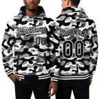 Custom Camo Black-White 3D Bomber Full-Snap Varsity Letterman Salute To Service Hoodie Jacket worn front and back