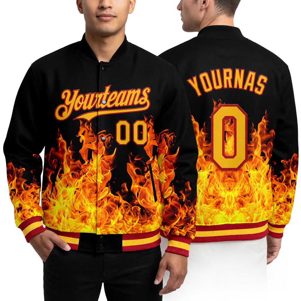 Custom Black Gold-Red Flame 3D Pattern Design Bomber Full-Snap Varsity Letterman Hoodie Jacket worn front and back
