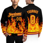 Custom Black Gold-Red Flame 3D Pattern Design Bomber Full-Snap Varsity Letterman Hoodie Jacket worn front and back