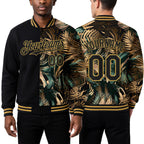Custom Black Old Gold Tropical Hawaii Jungle Leaves 3D Bomber Full-Snap Varsity Letterman Hoodie Jacket worn front and back