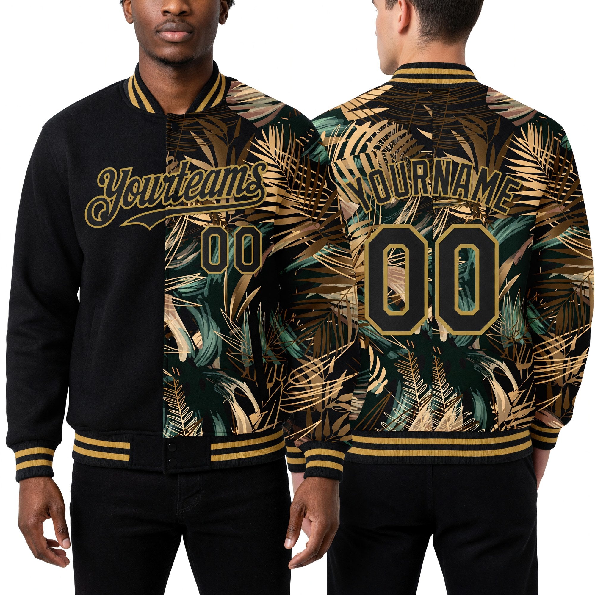 Custom Black Old Gold Tropical Hawaii Jungle Leaves 3D Bomber Full-Snap Varsity Letterman Hoodie Jacket worn front and back