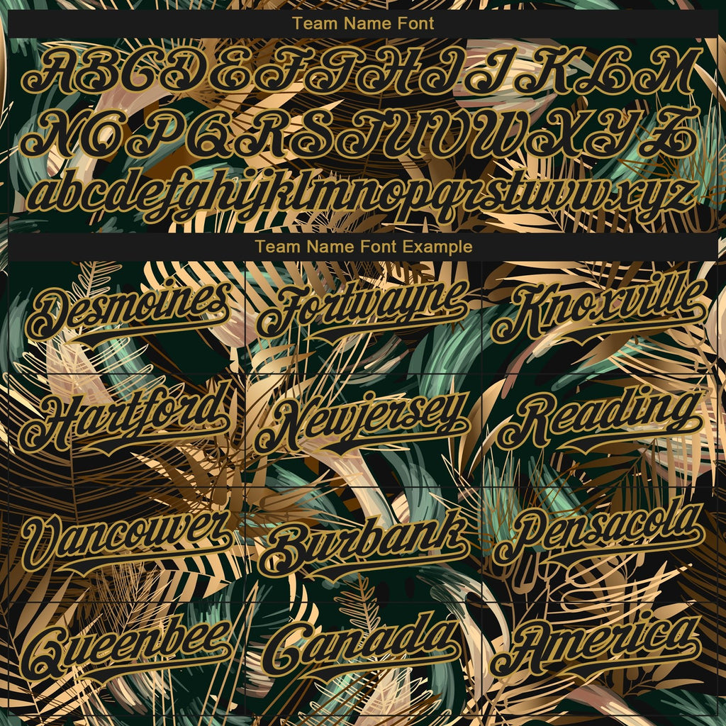 Custom Black Old Gold Tropical Hawaii Jungle Leaves 3D Bomber Full-Snap Varsity Letterman Hoodie Jacket photo 3