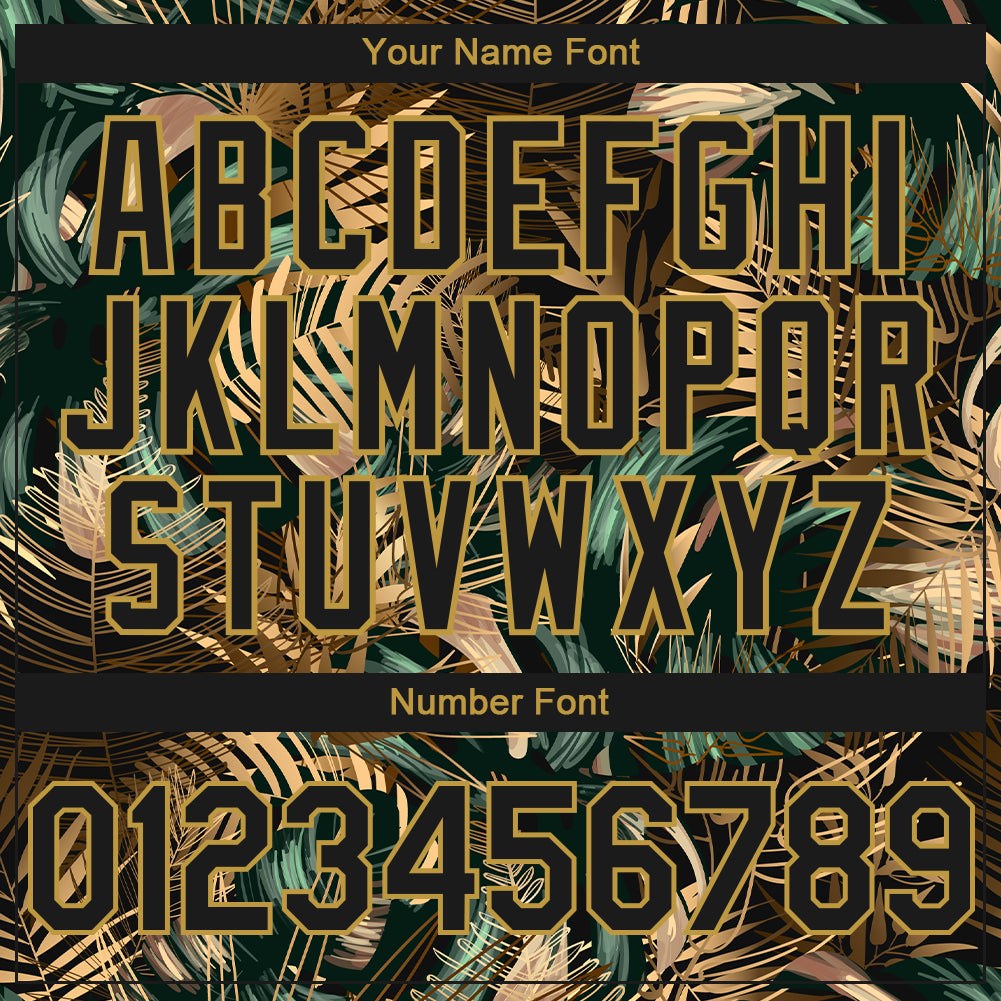 Custom Black Old Gold Tropical Hawaii Jungle Leaves 3D Bomber Full-Snap Varsity Letterman Hoodie Jacket photo 4