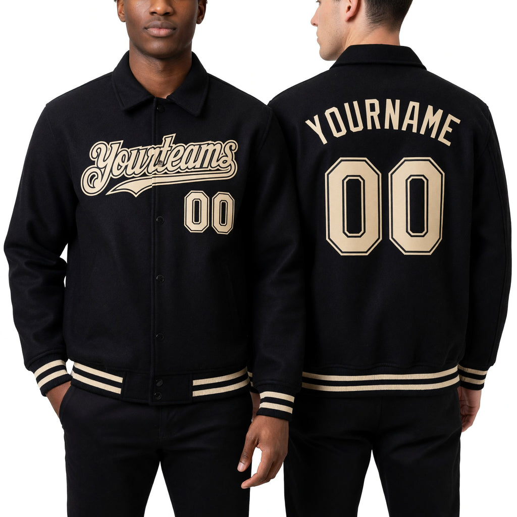 Custom Black Cream Bomber Full-Snap Varsity Letterman Lapel Collar Byron Jacket worn front and back